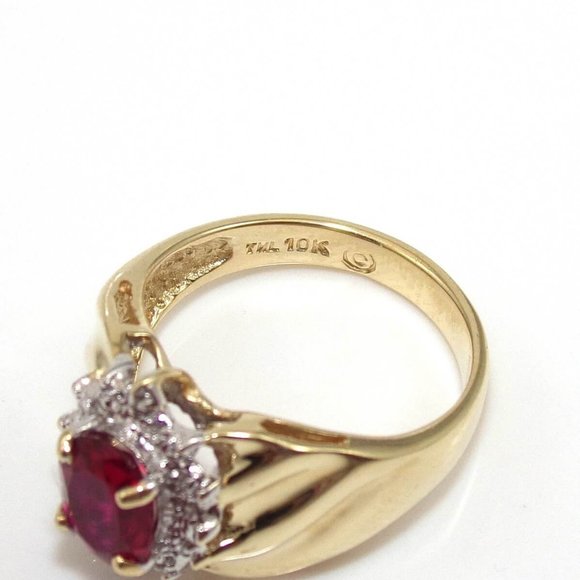 10K Yellow Gold Pink Ruby Diamond Halo Ring Size 7.25 - Picture 5 of 6